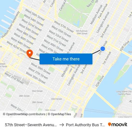 57th Street–Seventh Avenue Station to Port Authority Bus Terminal map