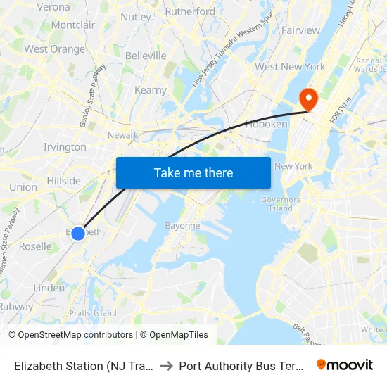 Elizabeth Station (NJ Transit) to Port Authority Bus Terminal map