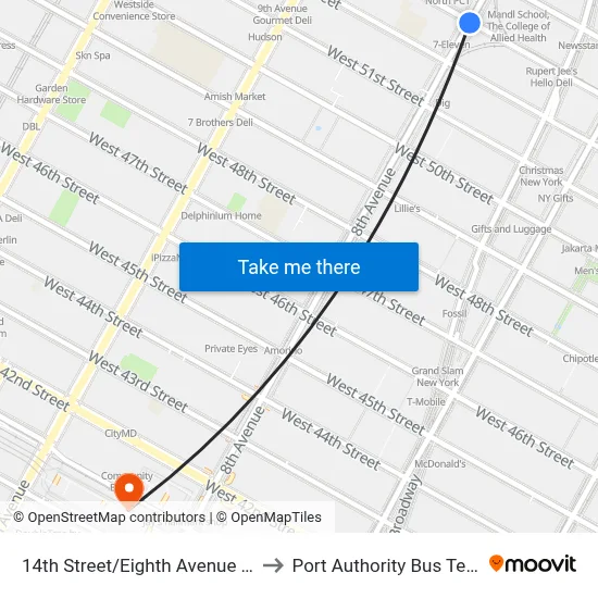 14th Street/Eighth Avenue Station to Port Authority Bus Terminal map