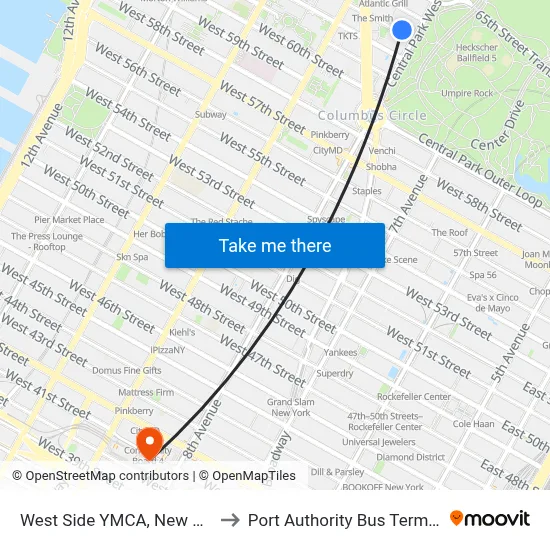 West Side YMCA, New York to Port Authority Bus Terminal map