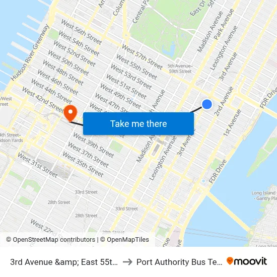 3rd Avenue &amp; East 55th Street to Port Authority Bus Terminal map