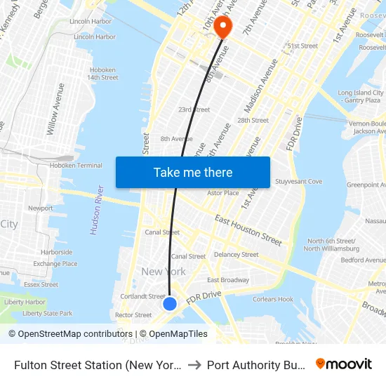 Fulton Street Station (New York City Subway) to Port Authority Bus Terminal map