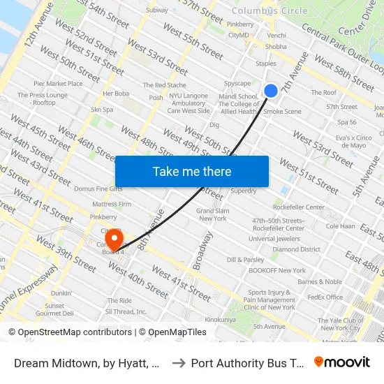 Dream Midtown, by Hyatt, New York to Port Authority Bus Terminal map