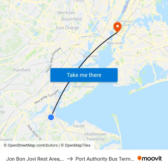 Jon Bon Jovi Rest Area, NJ to Port Authority Bus Terminal map