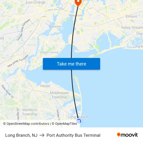 Long Branch, NJ to Port Authority Bus Terminal map