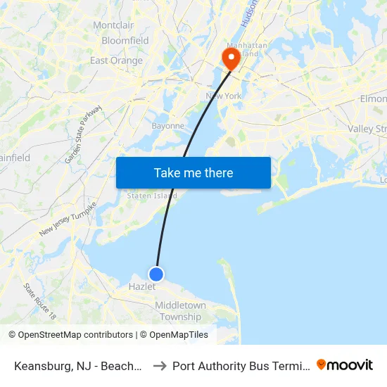 Keansburg, NJ - Beachway to Port Authority Bus Terminal map