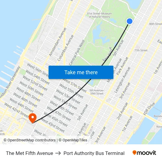 The Met Fifth Avenue to Port Authority Bus Terminal map