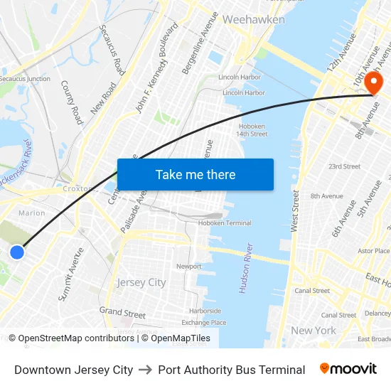 Downtown Jersey City to Port Authority Bus Terminal map