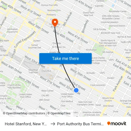 Hotel Stanford, New York to Port Authority Bus Terminal map