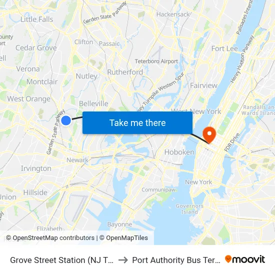 Grove Street Station (NJ Transit) to Port Authority Bus Terminal map