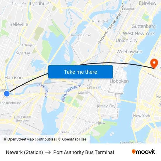 Newark (Station) to Port Authority Bus Terminal map