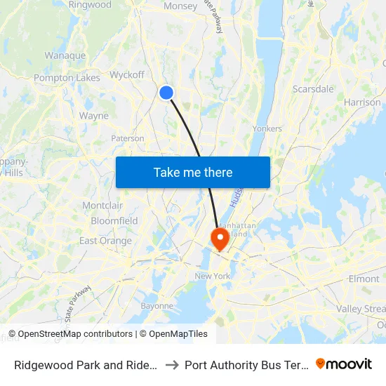 Ridgewood Park and Ride South to Port Authority Bus Terminal map