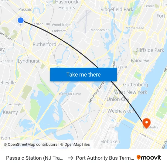 Passaic Station (NJ Transit) to Port Authority Bus Terminal map