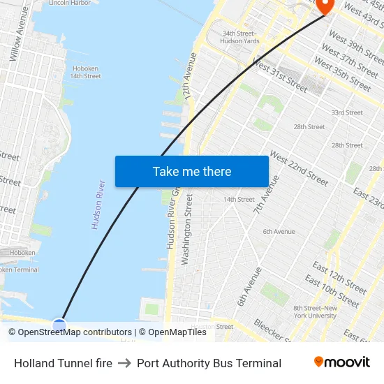 Holland Tunnel fire to Port Authority Bus Terminal map
