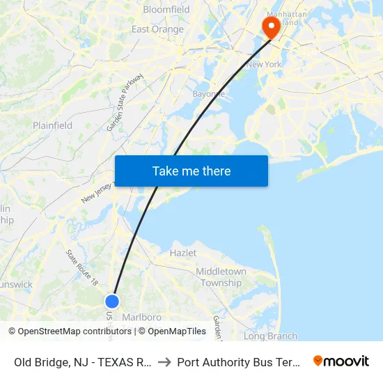 Old Bridge, NJ - TEXAS ROAD to Port Authority Bus Terminal map