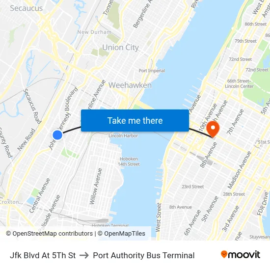 Jfk Blvd At 5Th St to Port Authority Bus Terminal map