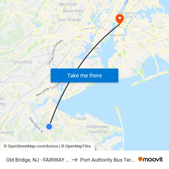 Old Bridge, NJ - FAIRWAY LANE to Port Authority Bus Terminal map