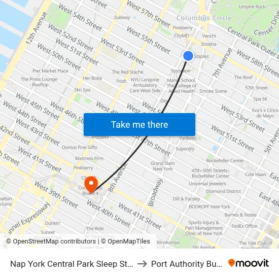 Nap York Central Park Sleep Station, New York to Port Authority Bus Terminal map