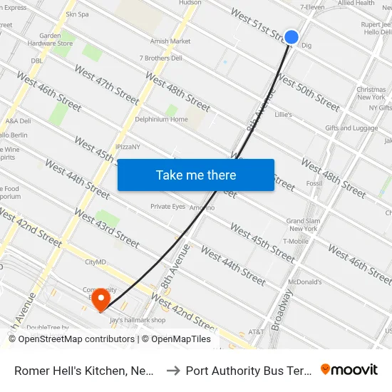 Romer Hell's Kitchen, New York to Port Authority Bus Terminal map