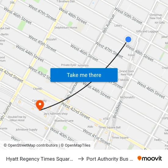 Hyatt Regency Times Square, New York to Port Authority Bus Terminal map