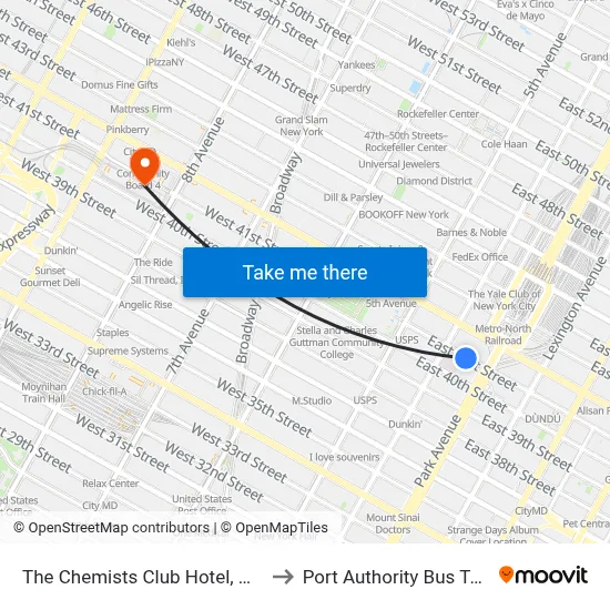 The Chemists Club Hotel, New York to Port Authority Bus Terminal map
