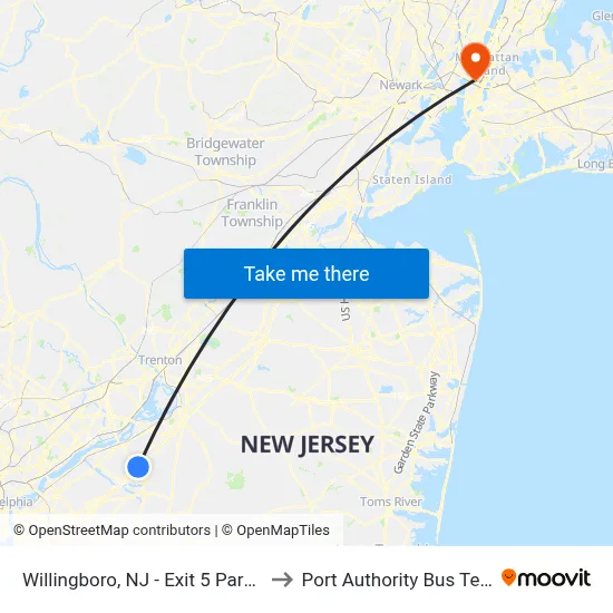 Willingboro, NJ - Exit 5 Park N Ride to Port Authority Bus Terminal map