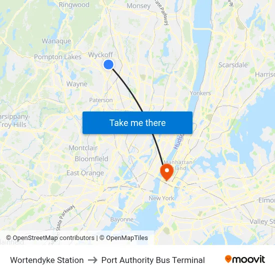Wortendyke Station to Port Authority Bus Terminal map