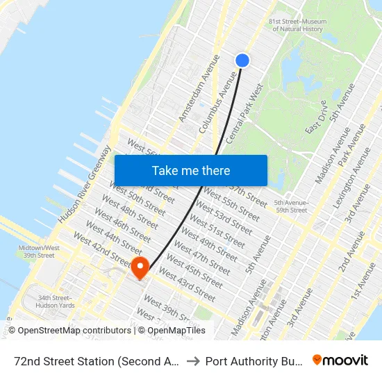 72nd Street Station (Second Avenue Subway) to Port Authority Bus Terminal map
