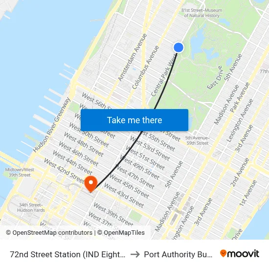 72nd Street Station (IND Eighth Avenue Line) to Port Authority Bus Terminal map