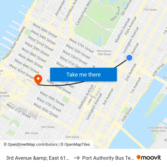 3rd Avenue &amp; East 61st Street to Port Authority Bus Terminal map