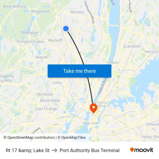 Rt 17 &amp; Lake St to Port Authority Bus Terminal map