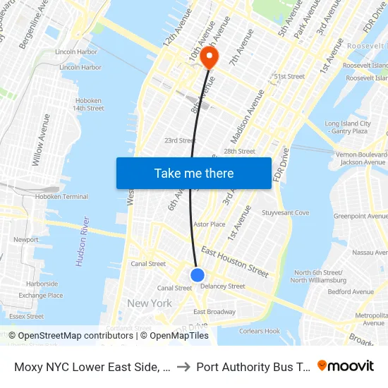 Moxy NYC Lower East Side, New York to Port Authority Bus Terminal map