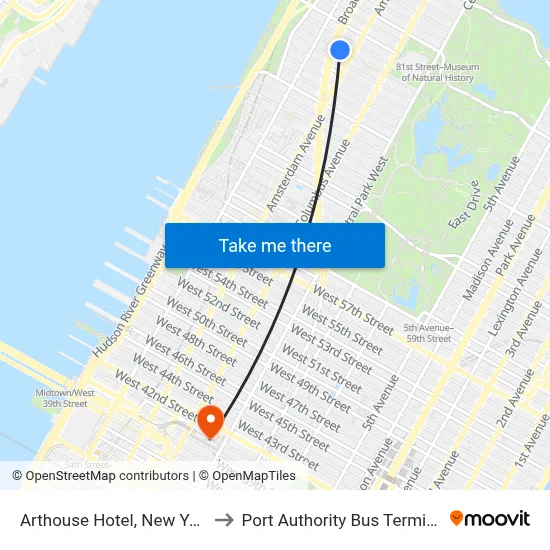 Arthouse Hotel, New York to Port Authority Bus Terminal map