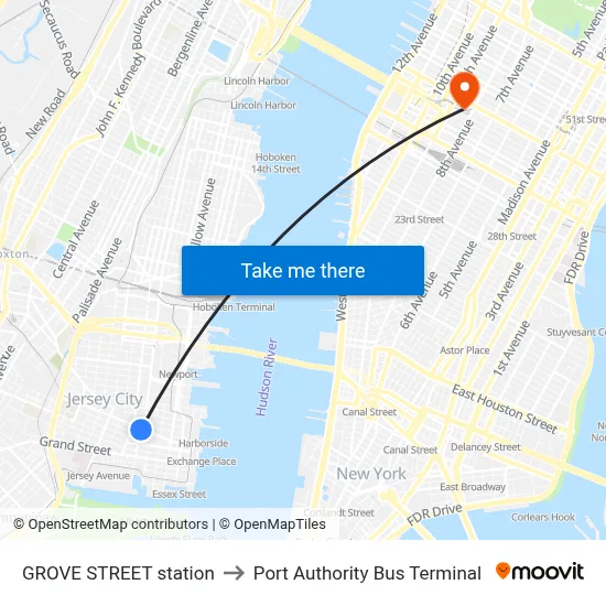 GROVE STREET station to Port Authority Bus Terminal map