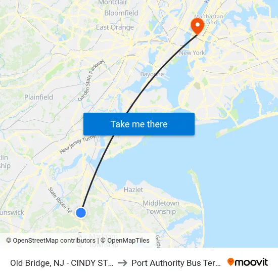 Old Bridge, NJ - CINDY STREET to Port Authority Bus Terminal map