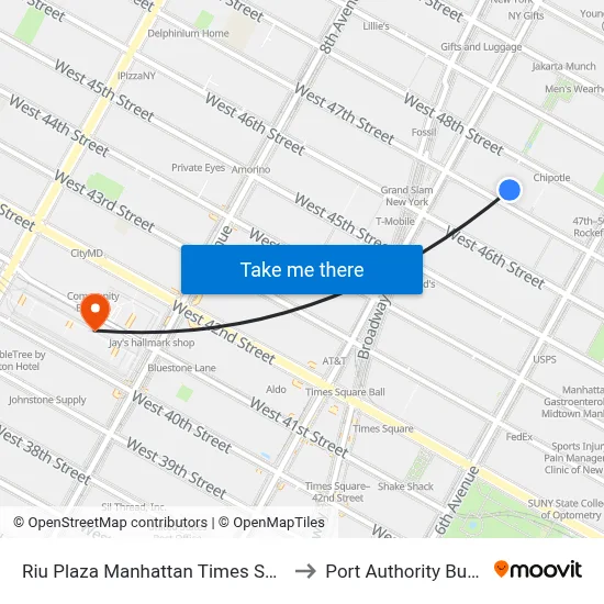 Riu Plaza Manhattan Times Square, New York to Port Authority Bus Terminal map