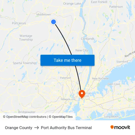 Orange County to Port Authority Bus Terminal map