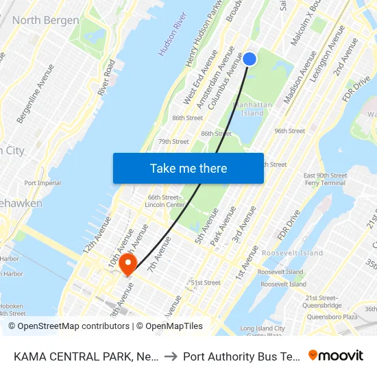 KAMA CENTRAL PARK, New York to Port Authority Bus Terminal map