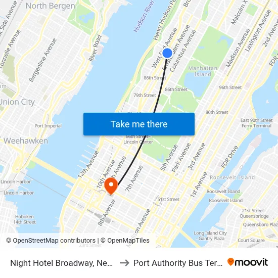 Night Hotel Broadway, New York to Port Authority Bus Terminal map