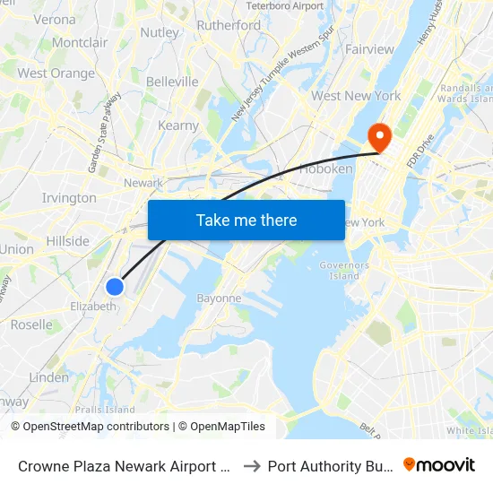 Crowne Plaza Newark Airport by IHG, Elizabeth to Port Authority Bus Terminal map