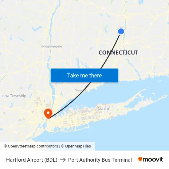 Hartford Airport (BDL) to Port Authority Bus Terminal map