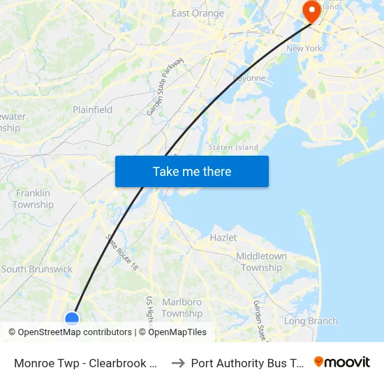 Monroe Twp - Clearbrook Main gate to Port Authority Bus Terminal map