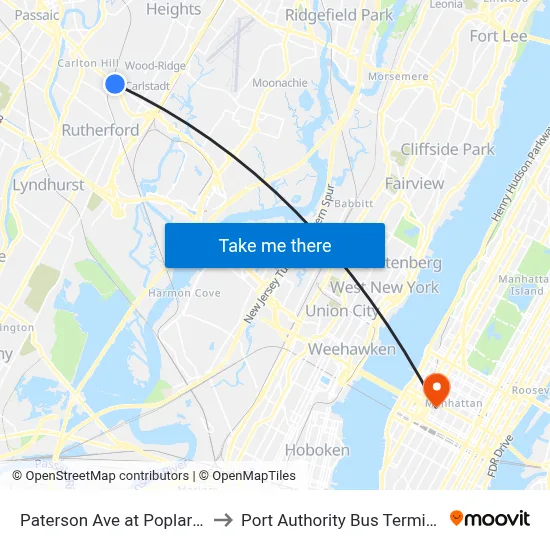 Paterson Ave at Poplar St to Port Authority Bus Terminal map