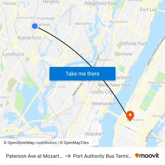 Paterson Ave at Mozart St to Port Authority Bus Terminal map