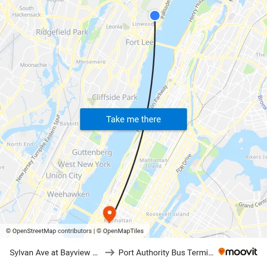Sylvan Ave at Bayview Ave to Port Authority Bus Terminal map