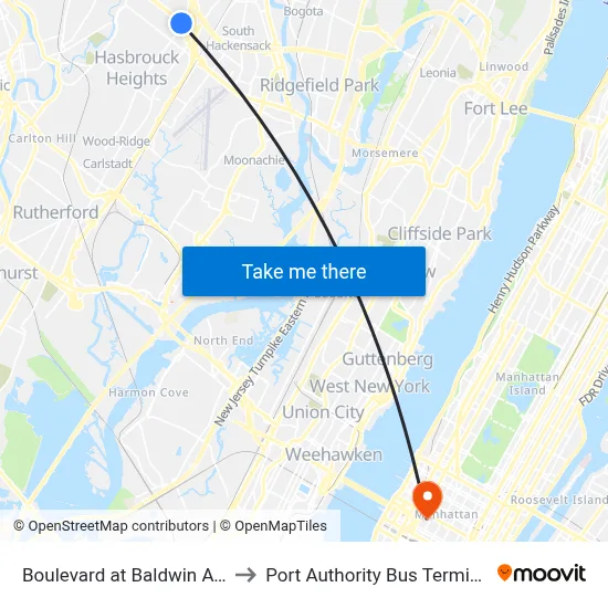 Boulevard at Baldwin Ave to Port Authority Bus Terminal map