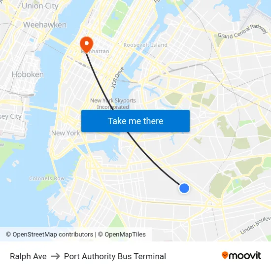 Ralph Ave to Port Authority Bus Terminal map