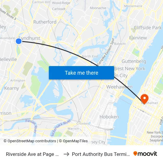 Riverside Ave at Page Ave to Port Authority Bus Terminal map