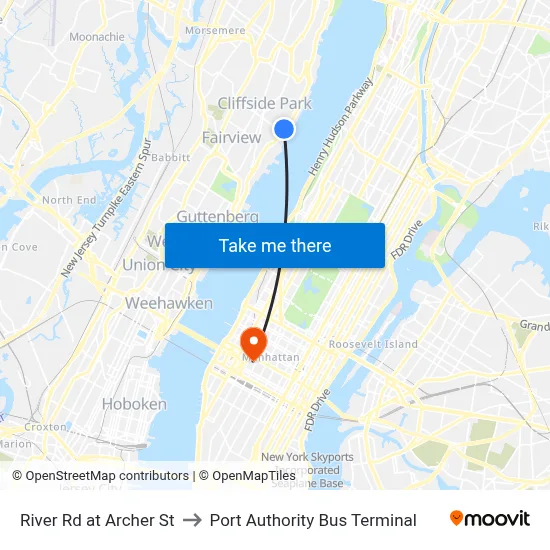River Rd at Archer St to Port Authority Bus Terminal map
