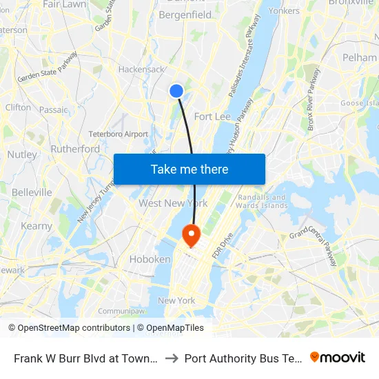 Frank W Burr Blvd at Townhouses to Port Authority Bus Terminal map